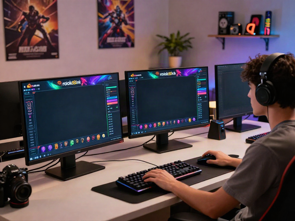 User engaging with rokok88link online slot game on a vibrant gaming workstation featuring multiple monitors and gaming peripherals.