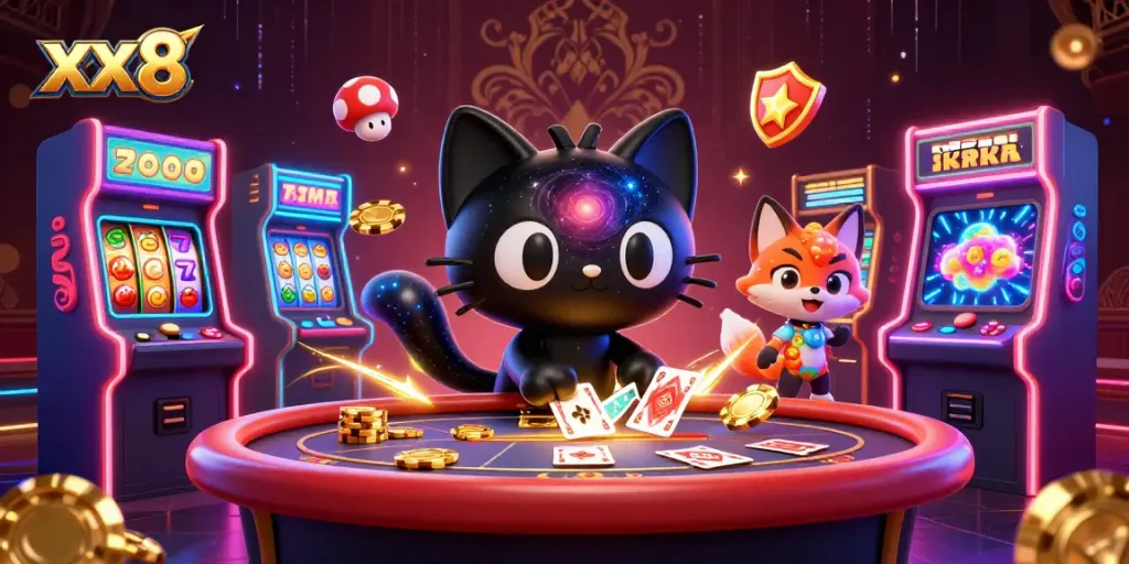Experience thrilling gameplay at xx8 with a black hole cat and colorful nebula fox in a vibrant cosmic casino.