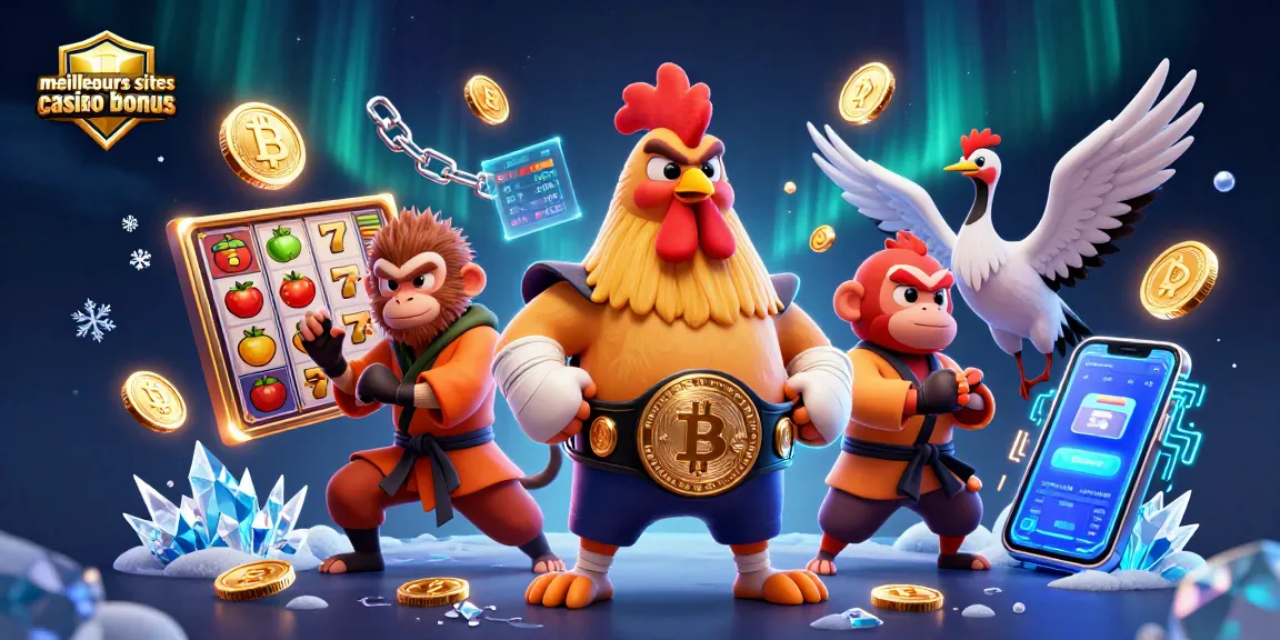 Les meilleurs sites casino bonus avec un rooster Muay Thai, un monkey en arts martiaux et un maître grue, entourés de jetons et de symboles de jeux.