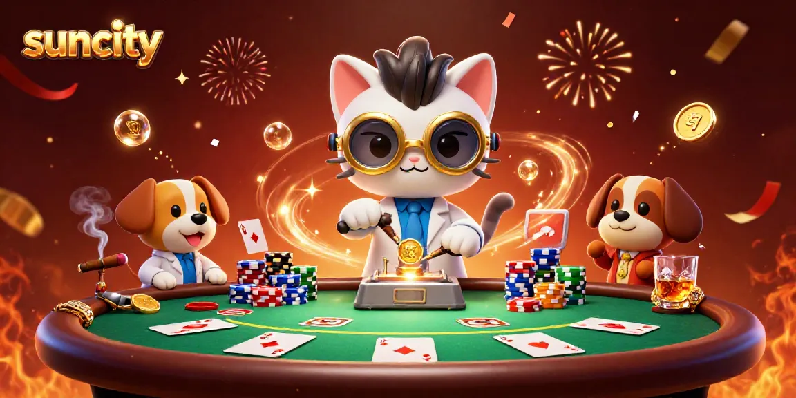 Engage in suncity’s thrilling casino atmosphere with a mad scientist cat and his dog assistant creating wealth.