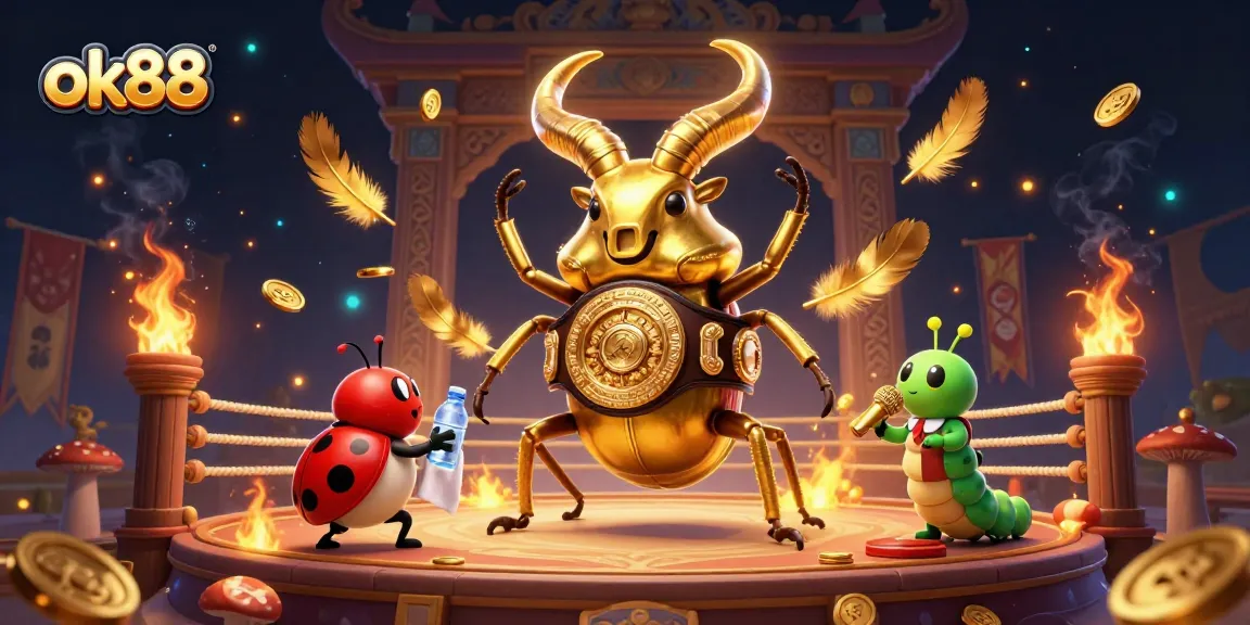 Engage with ok88's thrilling casino scene featuring a giant stag beetle in a boxing ring.