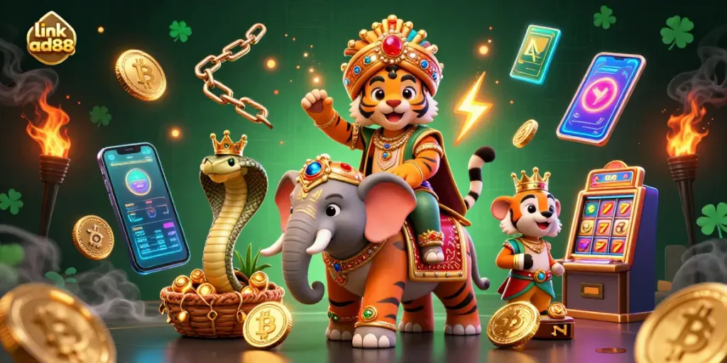 Experience thrilling wins with link ad88 in this vibrant 3D casino scene featuring an elephant and cobra.