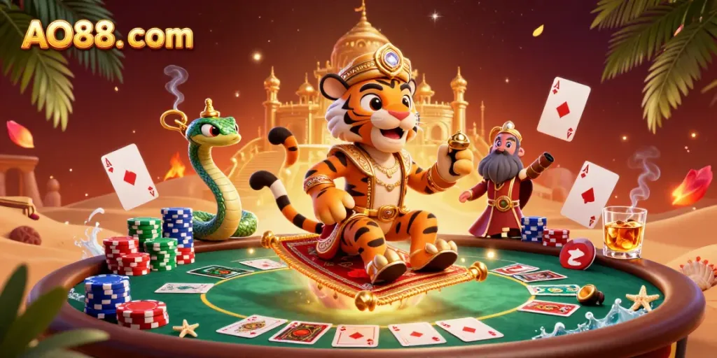Experience the magic of AO88. com with a dynamic casino scene featuring a cartoon tiger sultan and treasures.