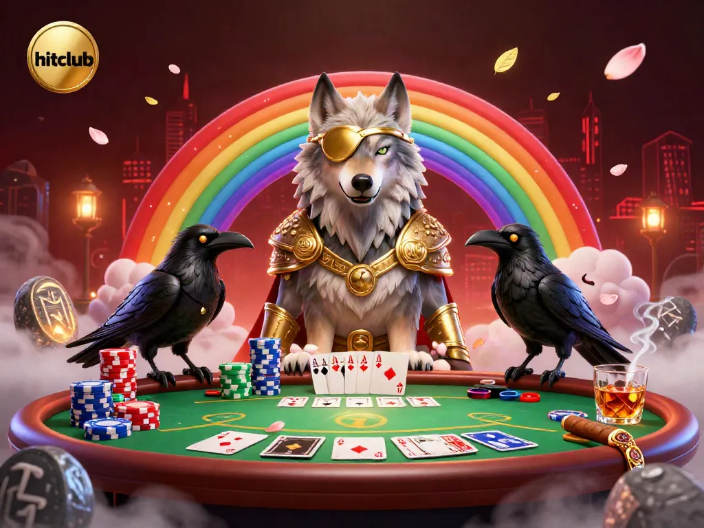 Experience the thrilling world of hitclub, featuring an enchanting Norse wolf before a dazzling casino chips bridge.