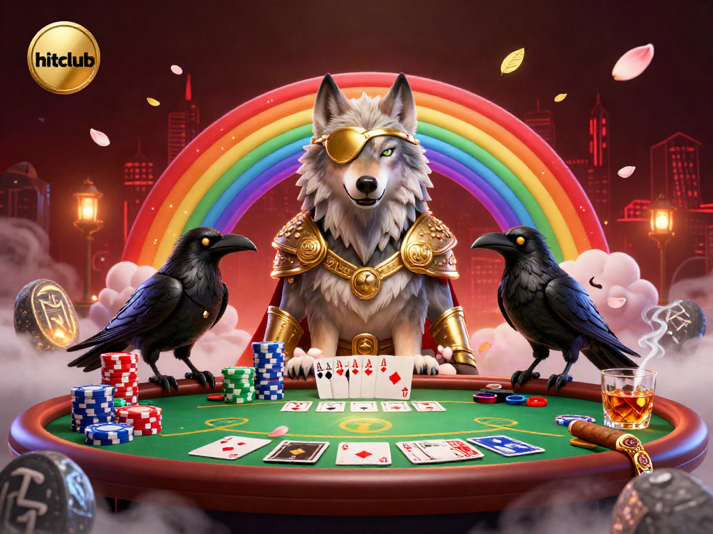 Experience the thrilling world of hitclub, featuring an enchanting Norse wolf before a dazzling casino chips bridge.