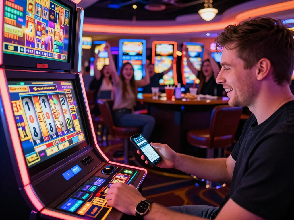 Experience the thrill of slot gacor at a lively casino, with players celebrating wins and vibrant lights.