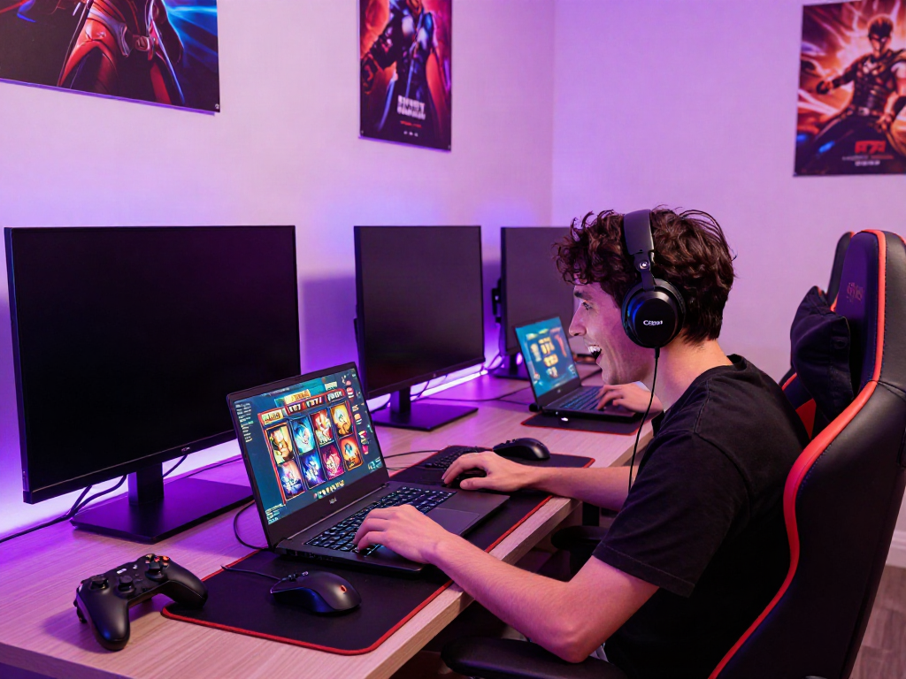 Seorang gamer bermain slot777 dengan grafik cerah dan suasana permainan yang dinamis.