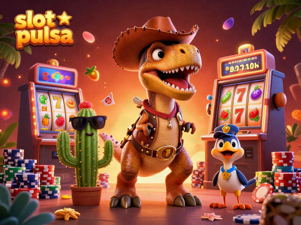 Gambarkan pengalaman bermain slot pulsa dengan dino T-Rex cowboy dalam suasana kasino yang ceria.