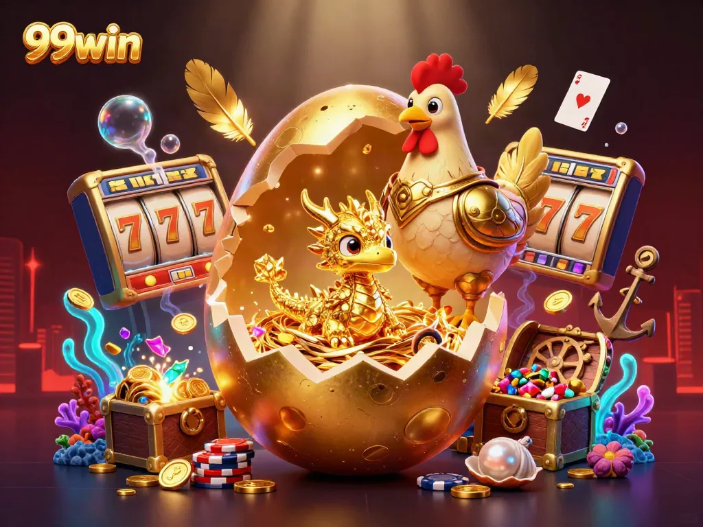 Engage in thrilling slots with 99win’s colorful casino scene featuring golden dragon and poker chips.