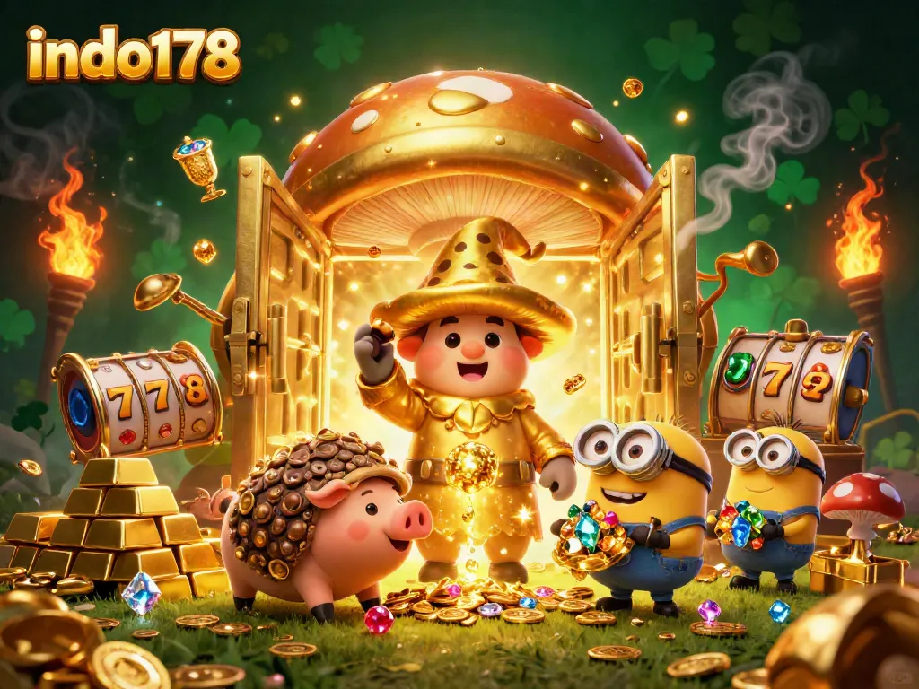Win big at indo178 with a golden mushroom wizard, treasure vaults, and sparkling slot symbols!