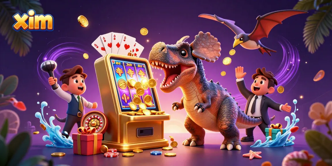 Catch golden coins with xim while pachycephalosaurus plays slot machine in a vibrant casino scene.