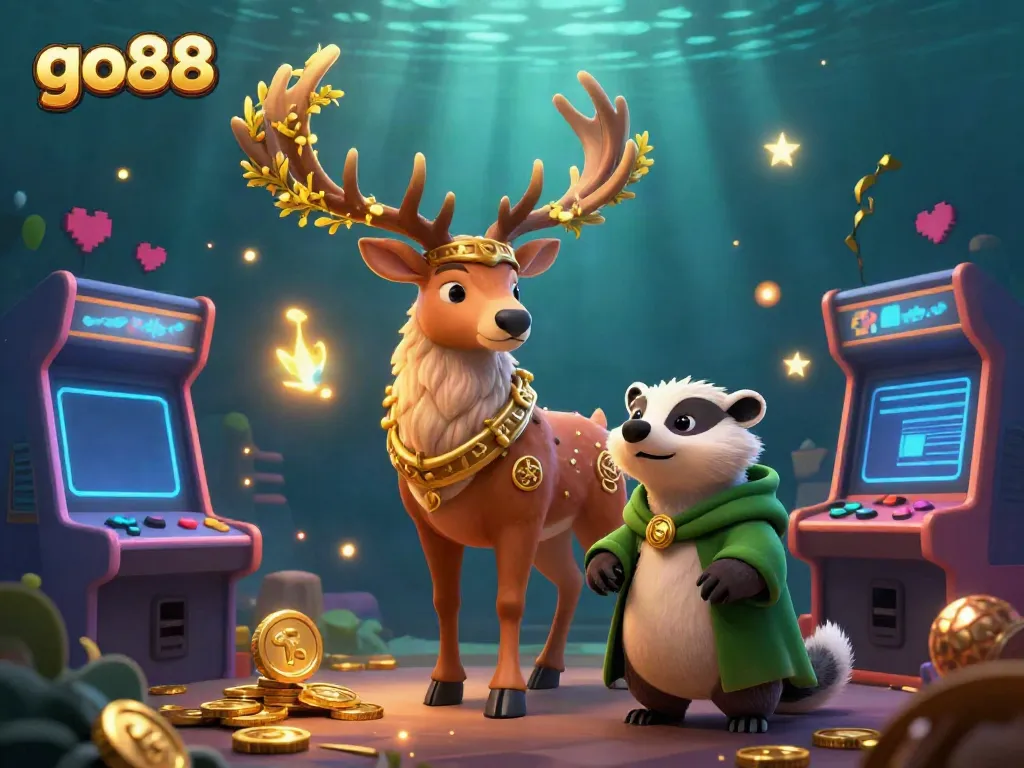 Experience the enchanting world of go88 with a lively 3D illustration of a druid stag and badger in a dynamic casino setting.