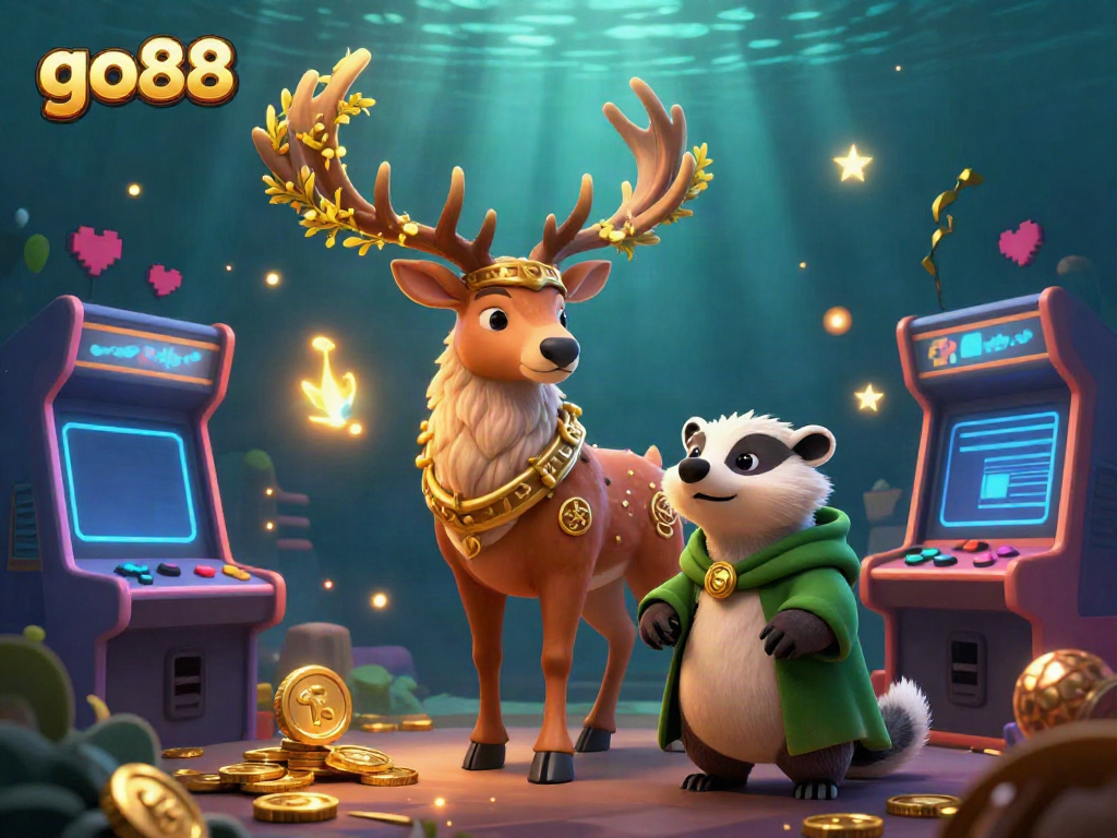 Experience the enchanting world of go88 with a lively 3D illustration of a druid stag and badger in a dynamic casino setting.