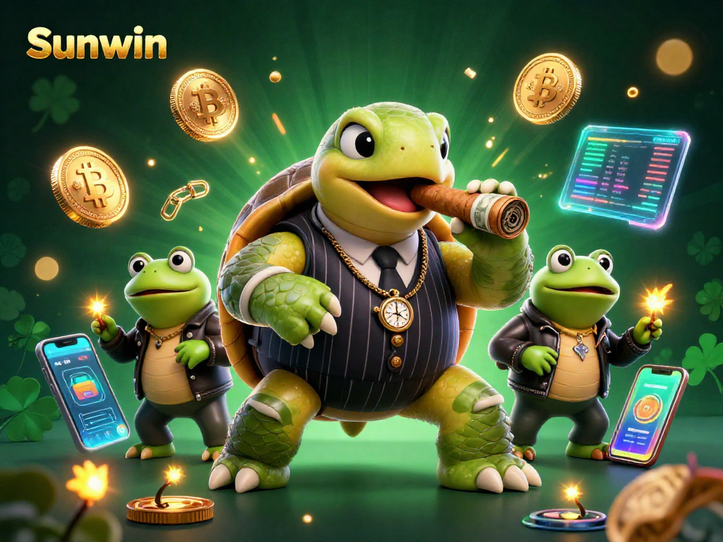 Join Sunwin's exciting casino world with a snapping turtle in a vintage suit, flanked by bullfrog enforcers.