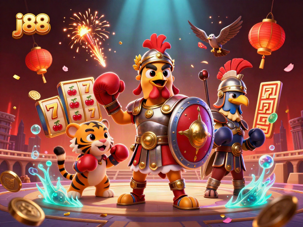 Experience thrilling j88 slots with a gladiator rooster, tiger cub, and festive elements.