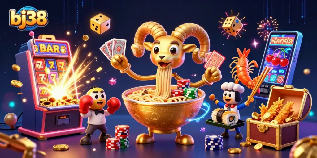 Experience thrilling slots with bj38 at this vibrant casino-themed illustration.