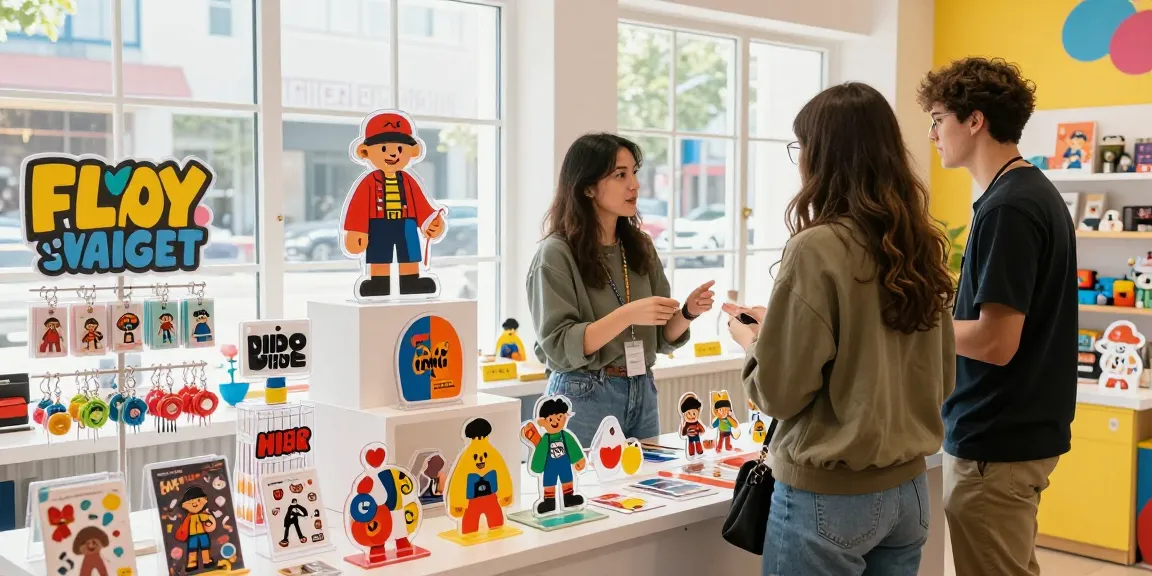 Custom acrylic standee displayed in a vibrant retail space, showcasing a variety of unique designs and shapes.