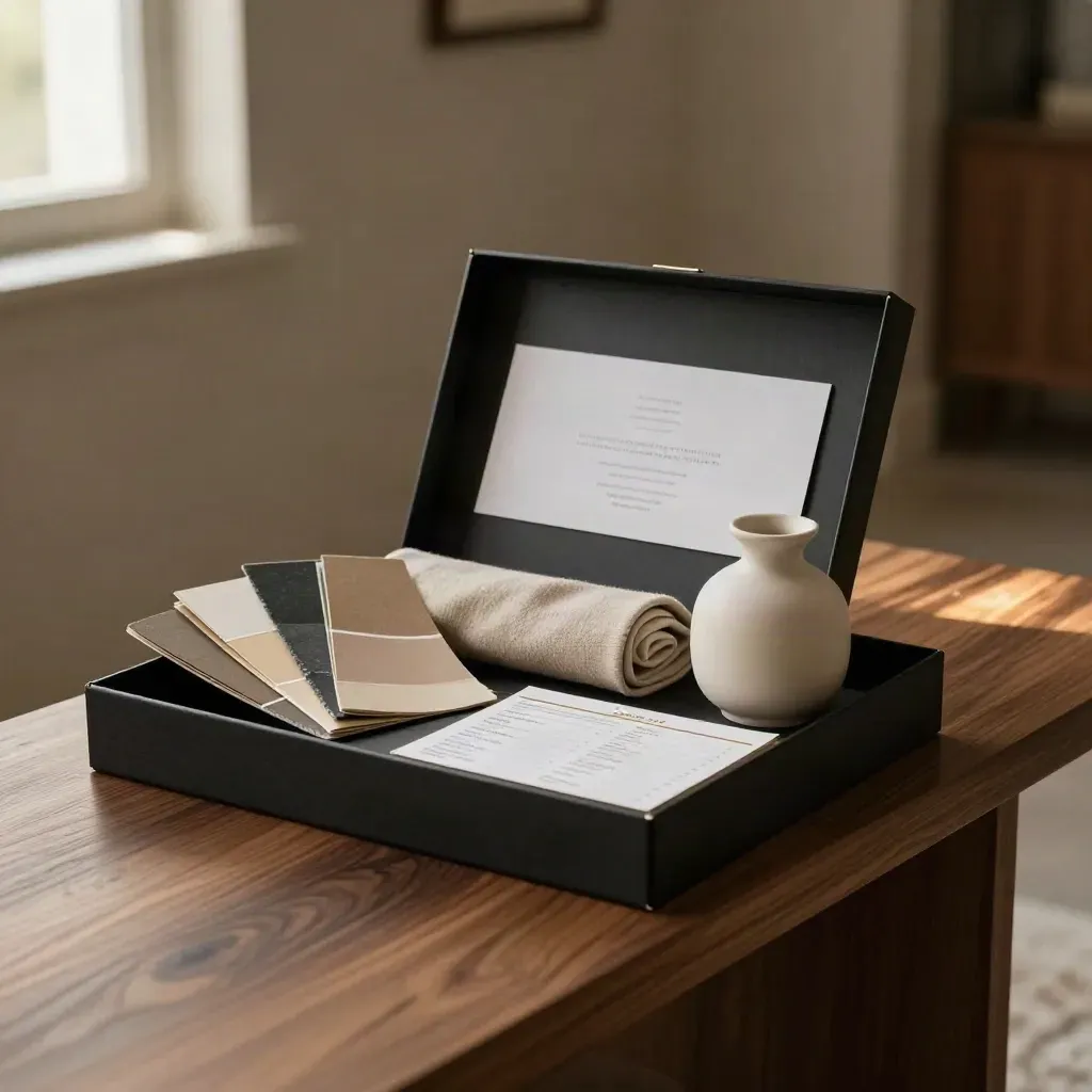 Open staging kit with swatches, fabric roll and vase on a dark hallway console in dramatic light.