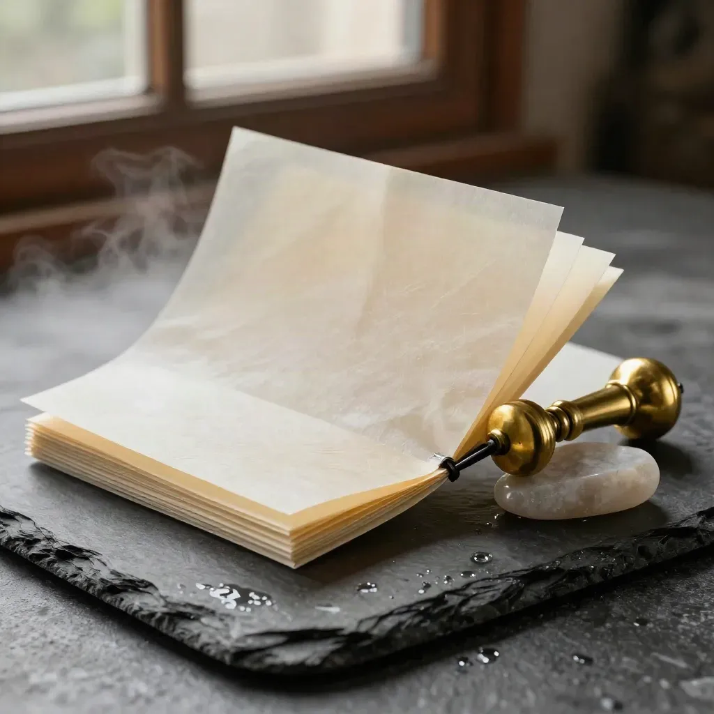 Cream valuation dossier in vellum above wet slate with brass weight and stone sample