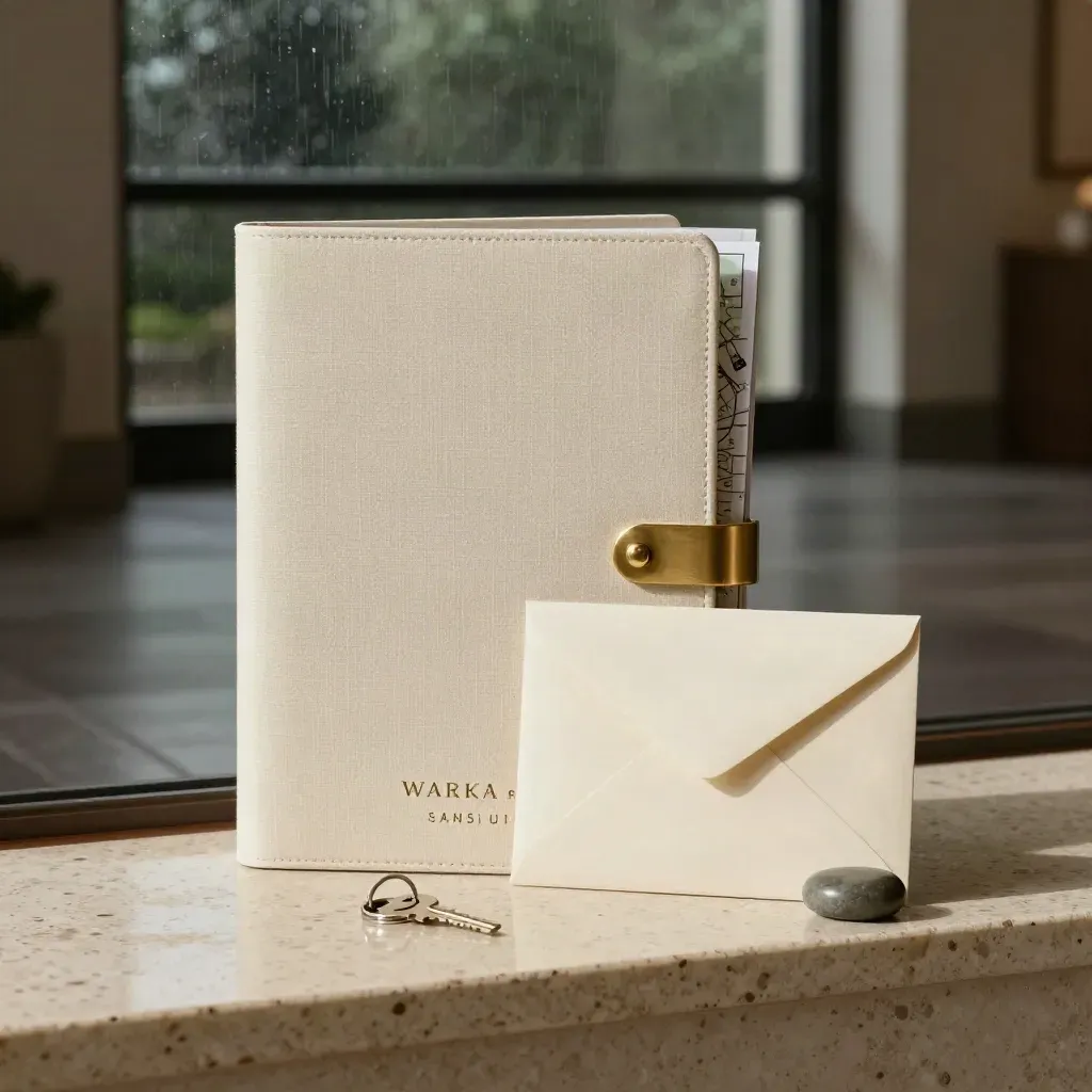 Cream buyer folio bundle with map, key ring and paperweight on travertine in rain-lit haze.