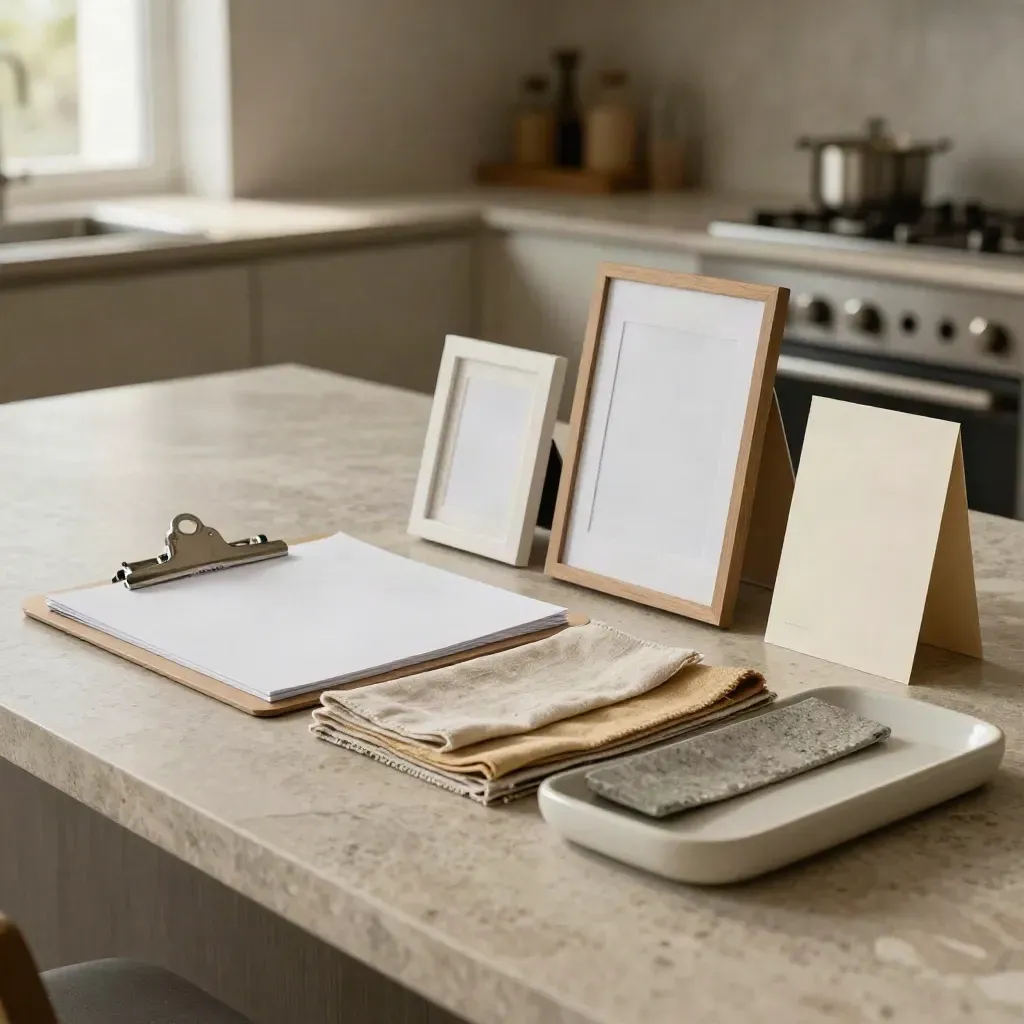Listing prep bundle on a stone kitchen island with linen swatches and frame mockups.