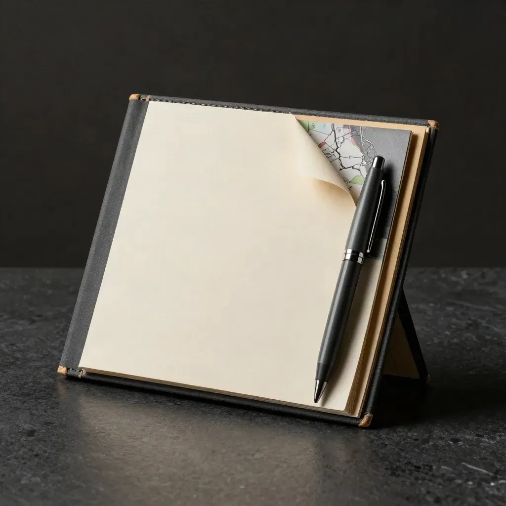 Dark real-estate folio with blank card, muted pen and folded map tabs on black stone