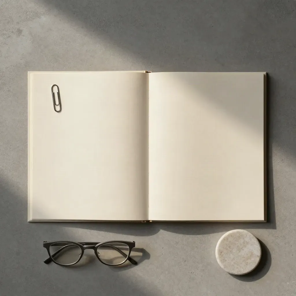 Overhead flat lay of a pale review folder, glasses, paperclip and stone coaster on concrete.