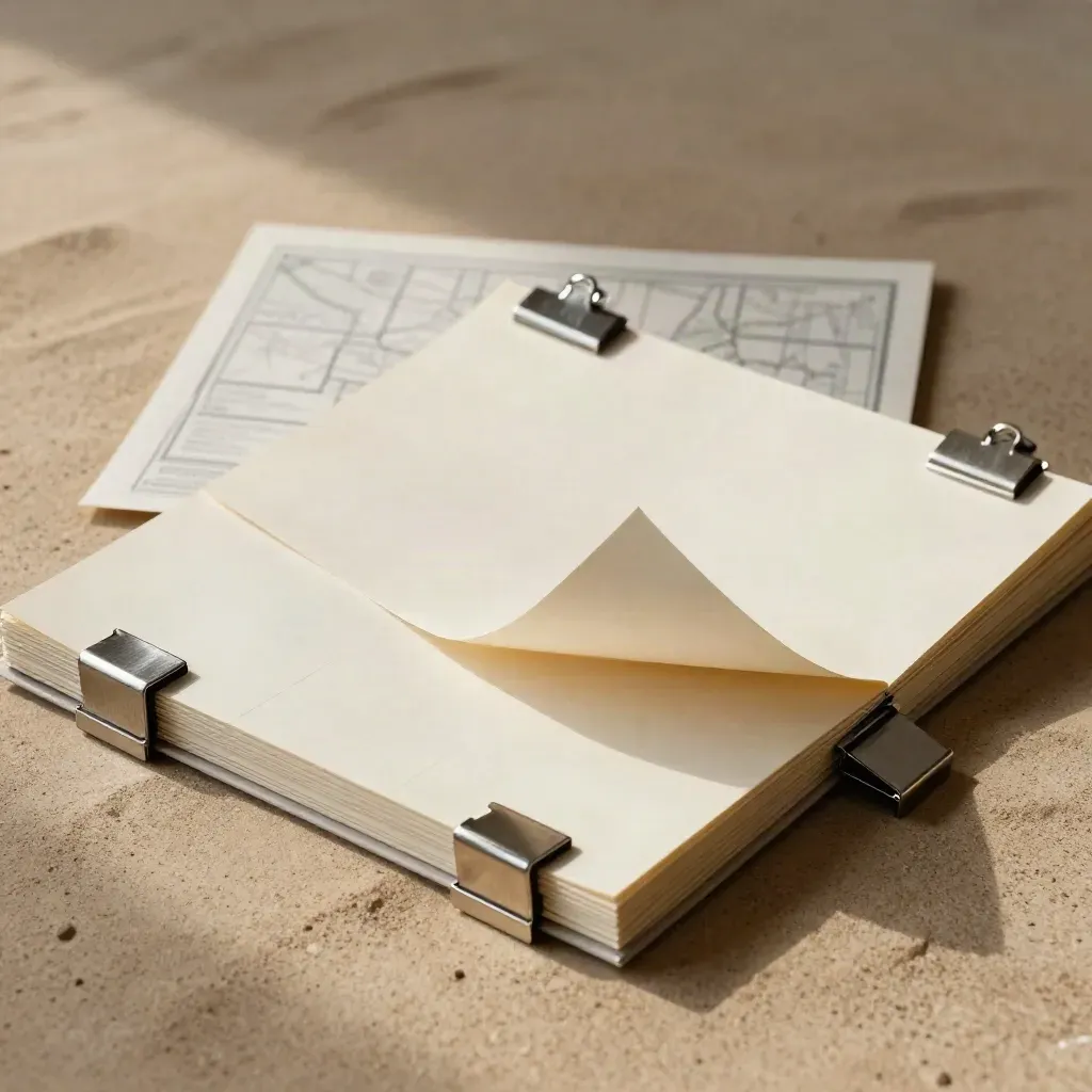 Folded commercial lease map packet with brushed-metal clips on warm sand plaster.