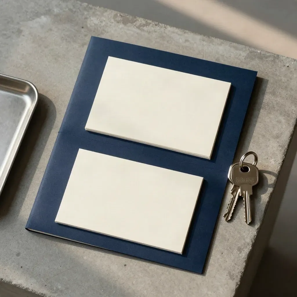 Overhead flatlay of a tenant screening folder, blank cards, key ring, and metal tray on concrete.