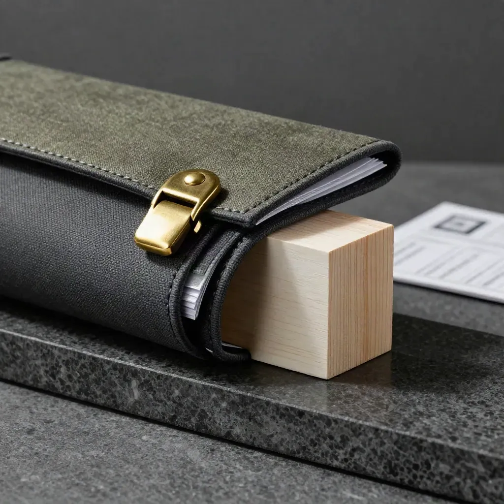 Charcoal investment folio with brass clasp and model block on dark stone in soft haze.