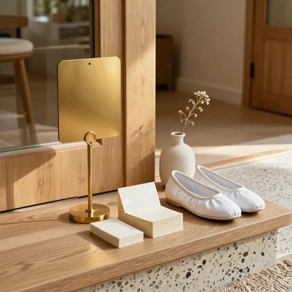 Open-house essentials on a pale oak bench beside a doorway, warm and refined.