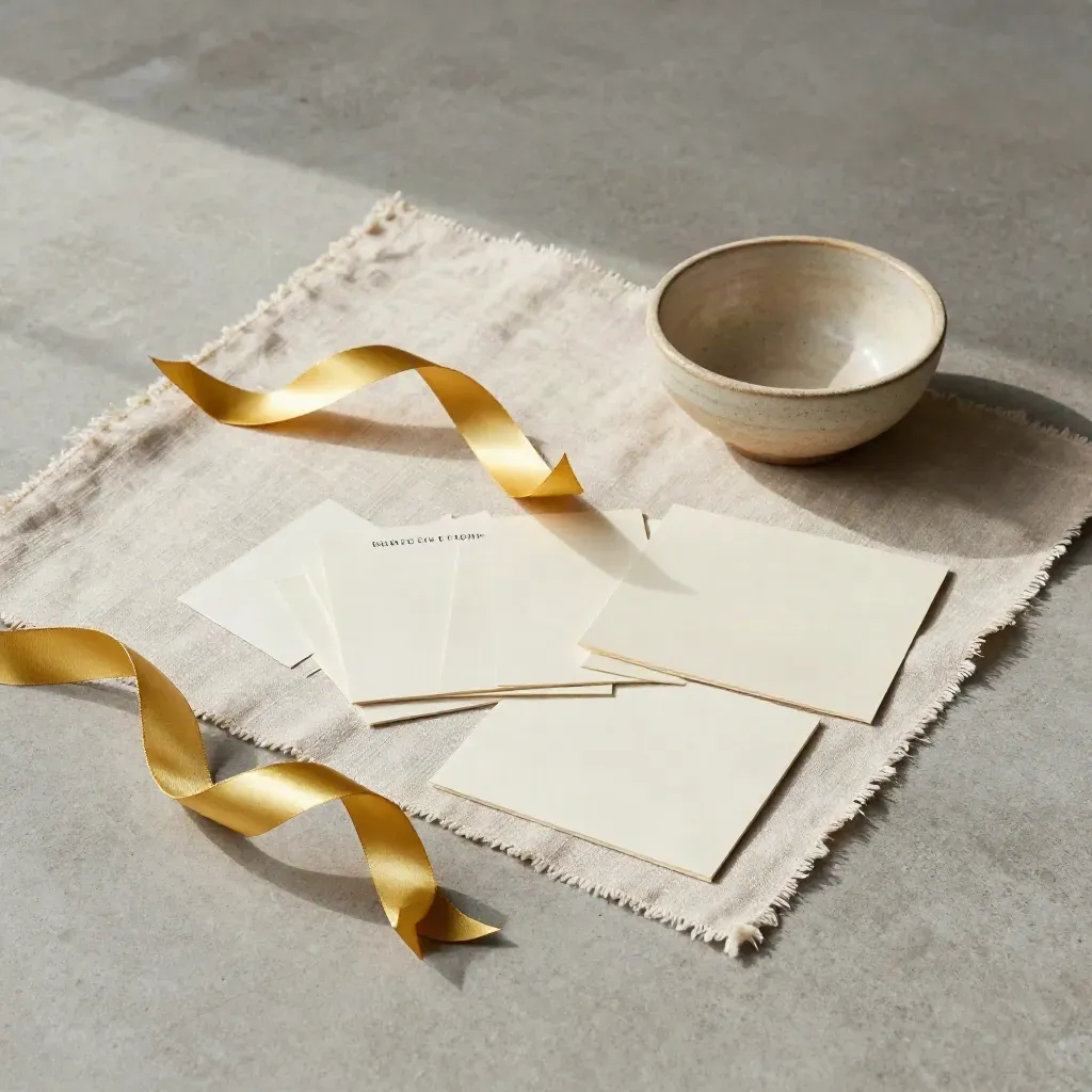 Real estate flatlay with fabric swatch, staging cards, ceramic bowl and gold ribbon