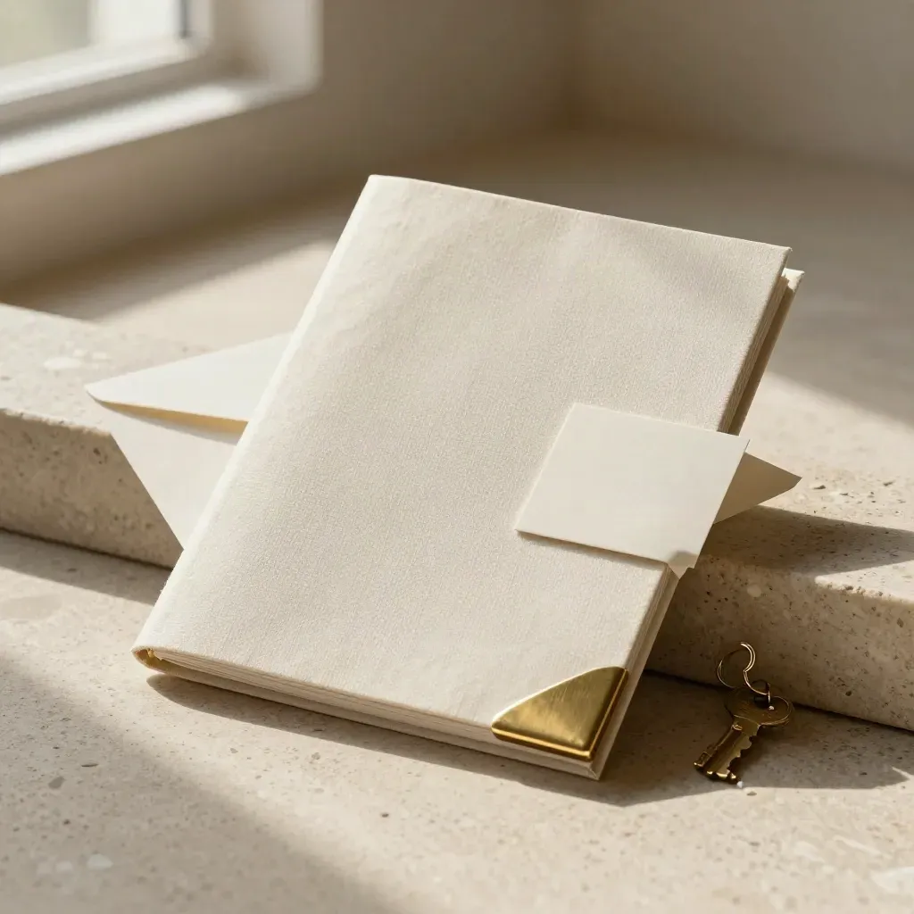 Pale linen first-home folio, blank envelope, and key charm on travertine with warm brass light