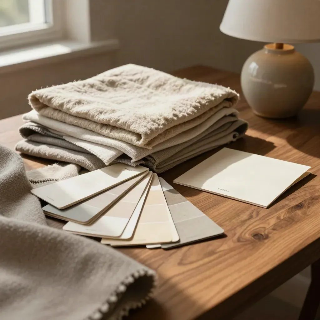 Staging-room bundle with fabric swatches, paint fan, and tiny lamp on warm wood.