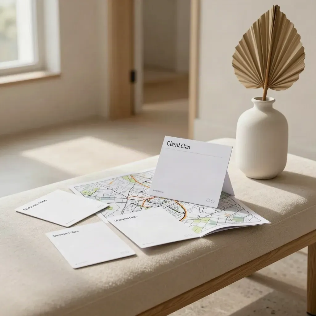 Rental search bundle, blank cards, folded map and small vase on a pale bench in soft daylight.