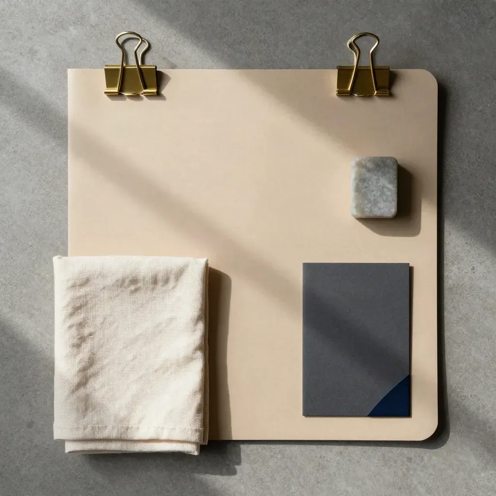 Overhead flatlay of a landlord cash-flow review kit with folder, brass clips, stone cube, and folded cloth.