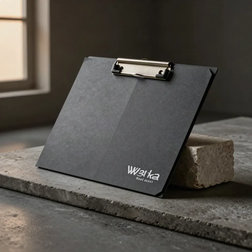 Commercial site scan folio with clips and a massing block on a dark concrete plinth.