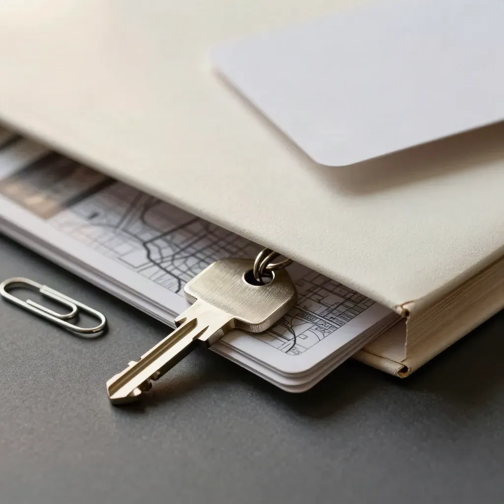 White relocation brief, key charm and paperclip sliding into a move-ready bundle.
