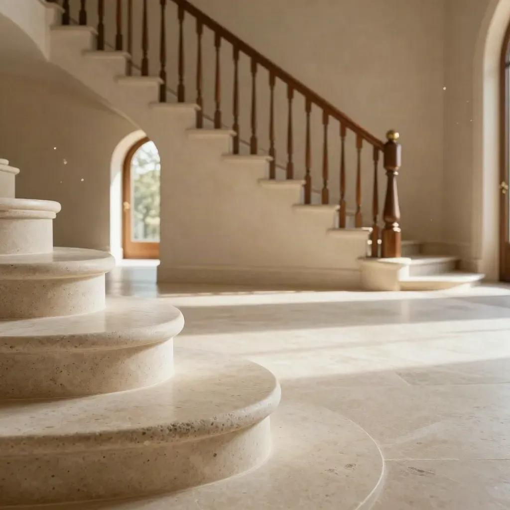 Sunlit limestone foyer with walnut rail, arched doorway, and calm stone floor below