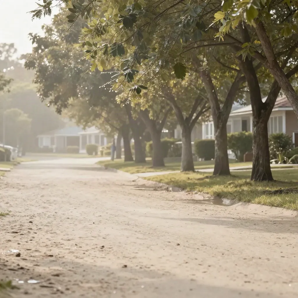 Wet sandy path by tree-lined homes after rain, misty summer foliage and calm open foreground.