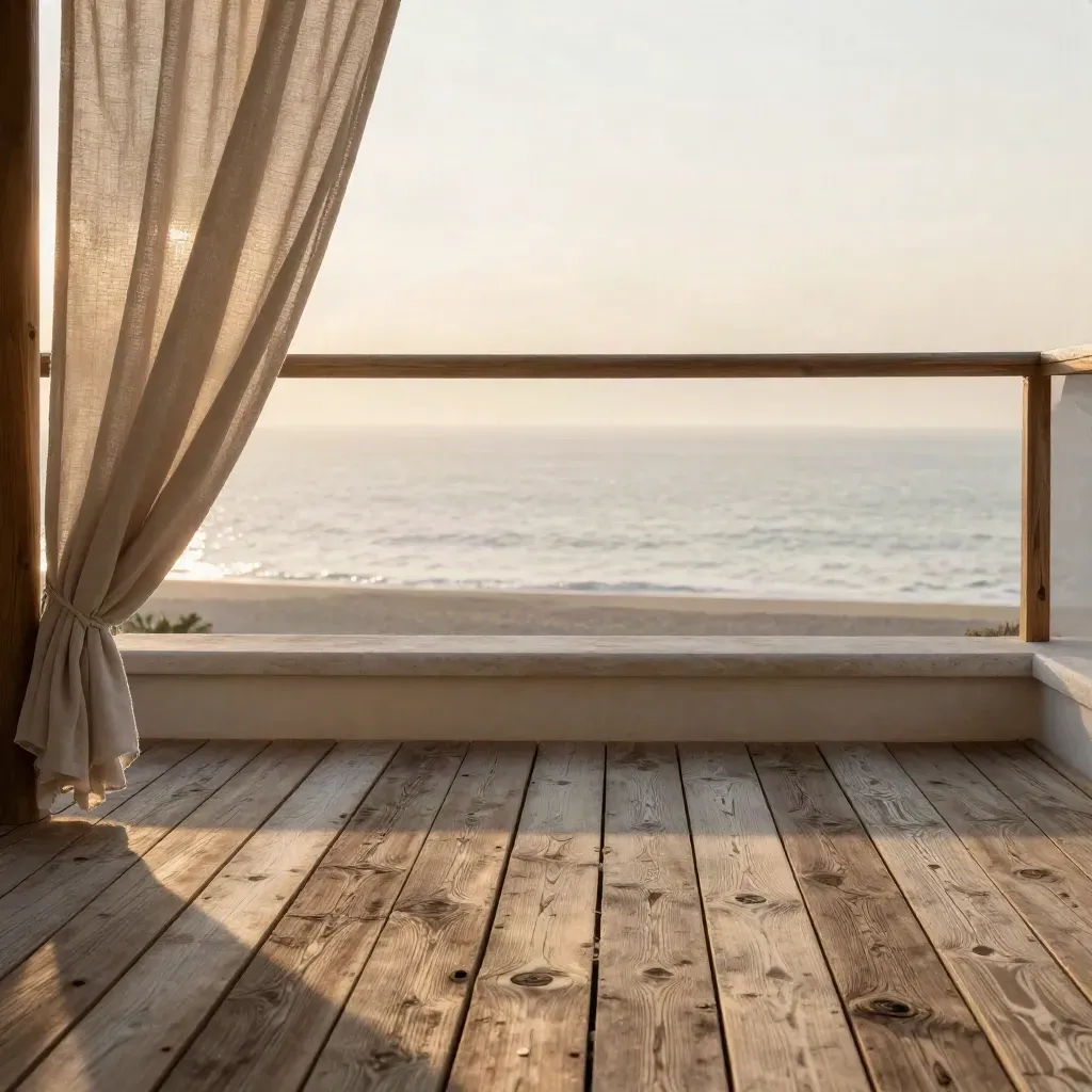 Sunlit coastal balcony with timber, linen, and calm water at sunrise