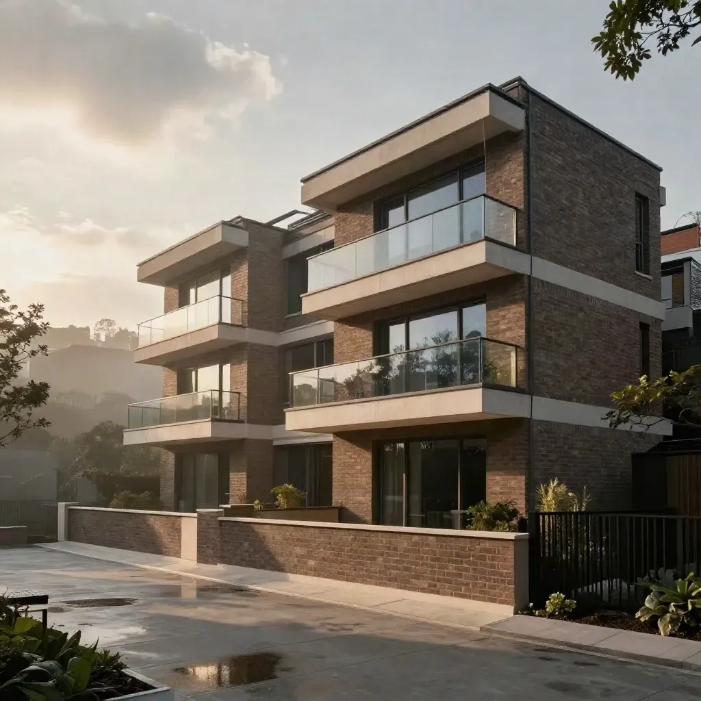 Modern townhouse terrace rising above calm wet paving with mist and a tree canopy.