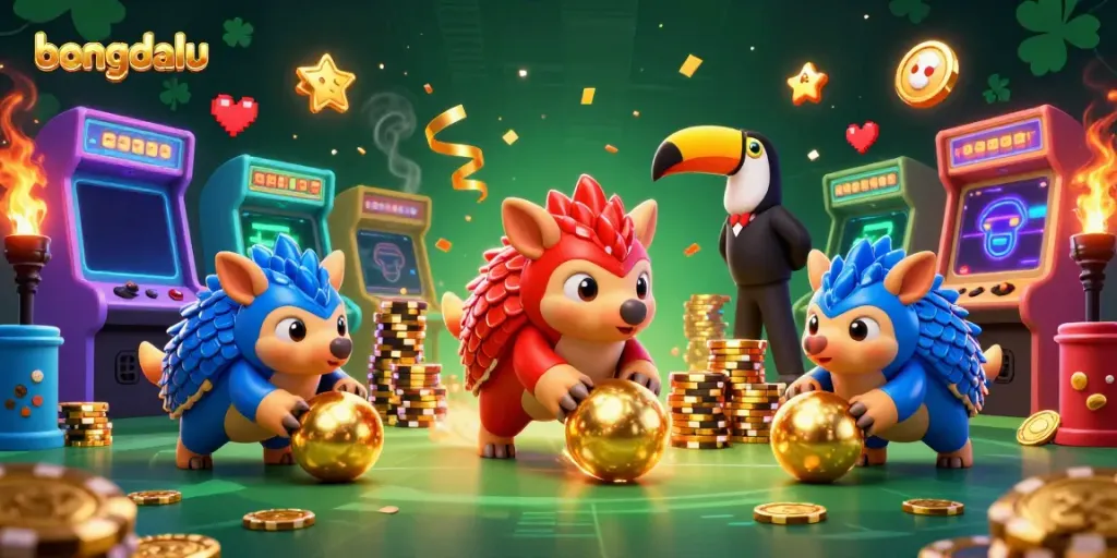 Bongdalu pangolins compete with poker chips in a vibrant, dynamic casino game scene.