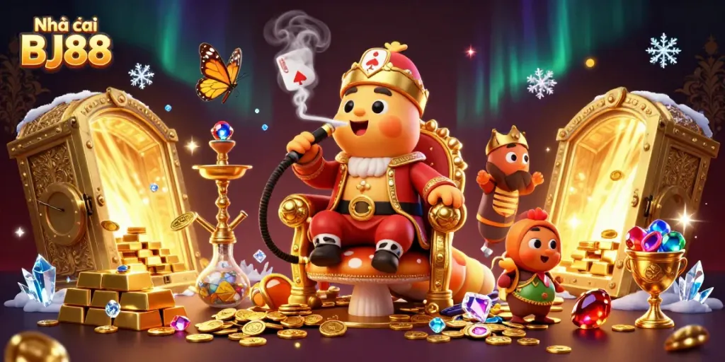 Experience the excitement of Nhà cái BJ88 with a vibrant casino-themed 3D illustration full of treasures and games.