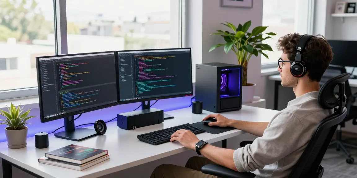 Software developer coding NAGA2000 in a modern tech workspace filled with gadgets.