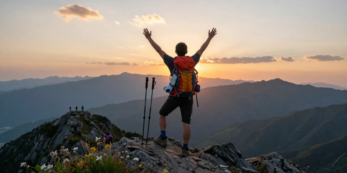 Hiker celebrating at mountain peak during sunset, representing dewanaga77 adventure and exploration.
