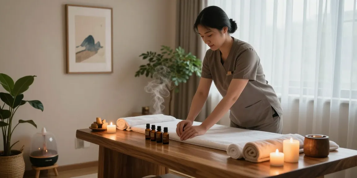 Relaxing massage therapy room showcasing 남양주출장안마 services, featuring soothing candles and essential oils.