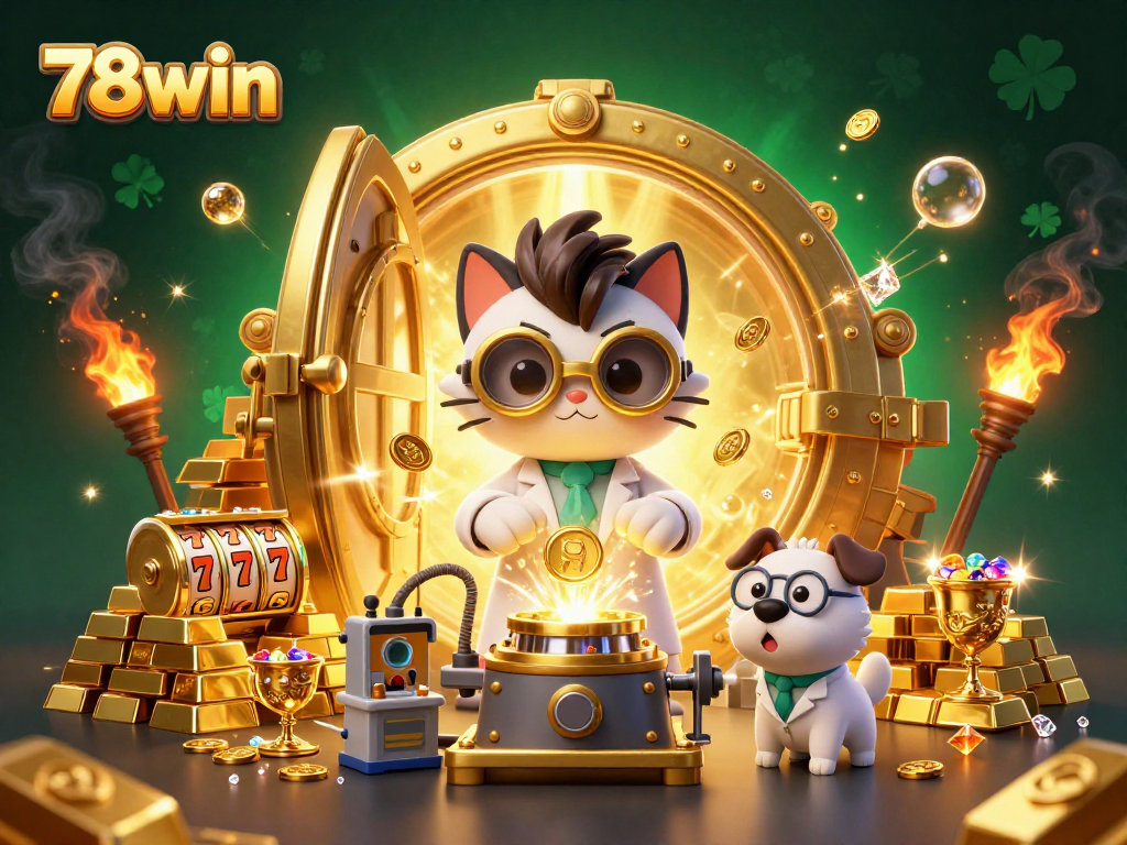 78win's vibrant casino scene showcases a mad scientist cat and assistant creating riches with dazzling gaming elements.