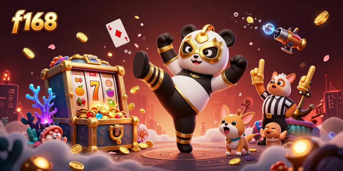 Experience thrilling moments at f168 with a panda wrestler in action, celebrating victory in a vibrant casino-themed scene.