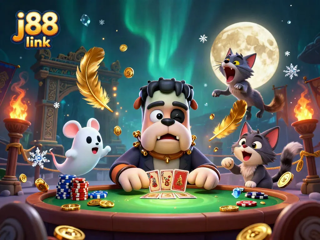 Experience the magic of j88 link with a cartoon Frankenstein bulldog dealing cards at a spooky table.
